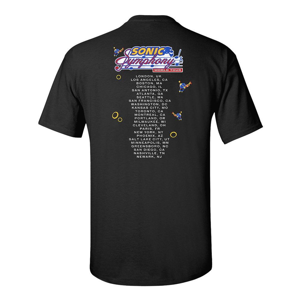 Black t-shirt with ’Sonic Symphony’ logo and tour dates printed on the back.