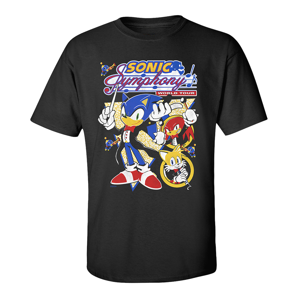 Black t-shirt featuring a colorful Sonic the Hedgehog design with characters and ’Sonic Hedgehog World Tour’ text.