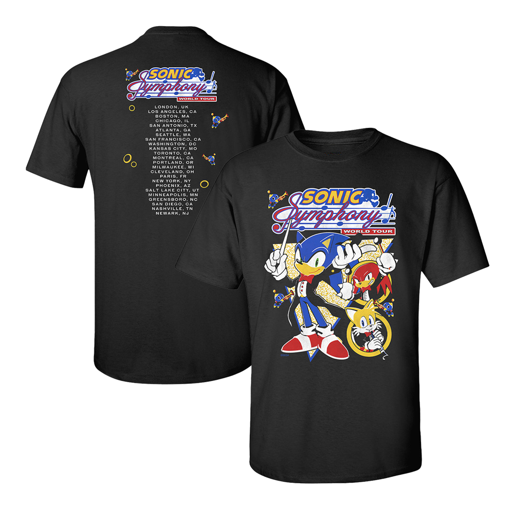 Black t-shirt featuring Sonic the Hedgehog characters and tour dates.