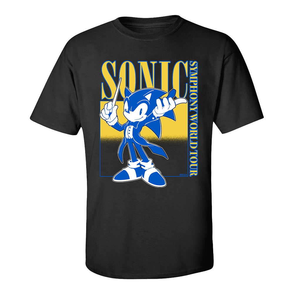 Black t-shirt featuring Sonic the Hedgehog character and text design.