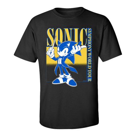 Black t-shirt featuring Sonic the Hedgehog character and text design.
