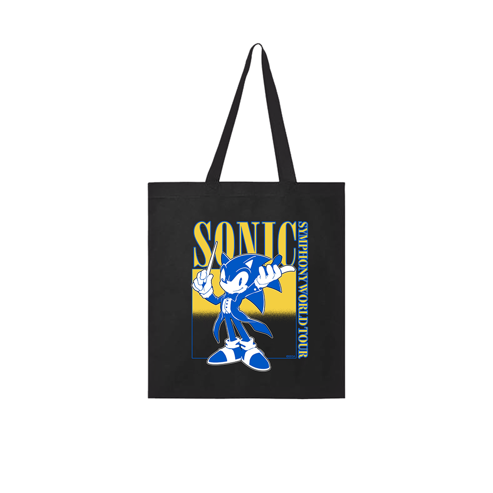 Black tote bag featuring a Sonic the Hedgehog graphic design.