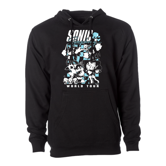 Black hoodie sweatshirt featuring a Sonic the Hedgehog ’World Tour’ graphic design in white and light blue.