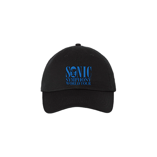 Black baseball cap with blue ’Sonic Symphony World Tour’ text embroidered on the front.