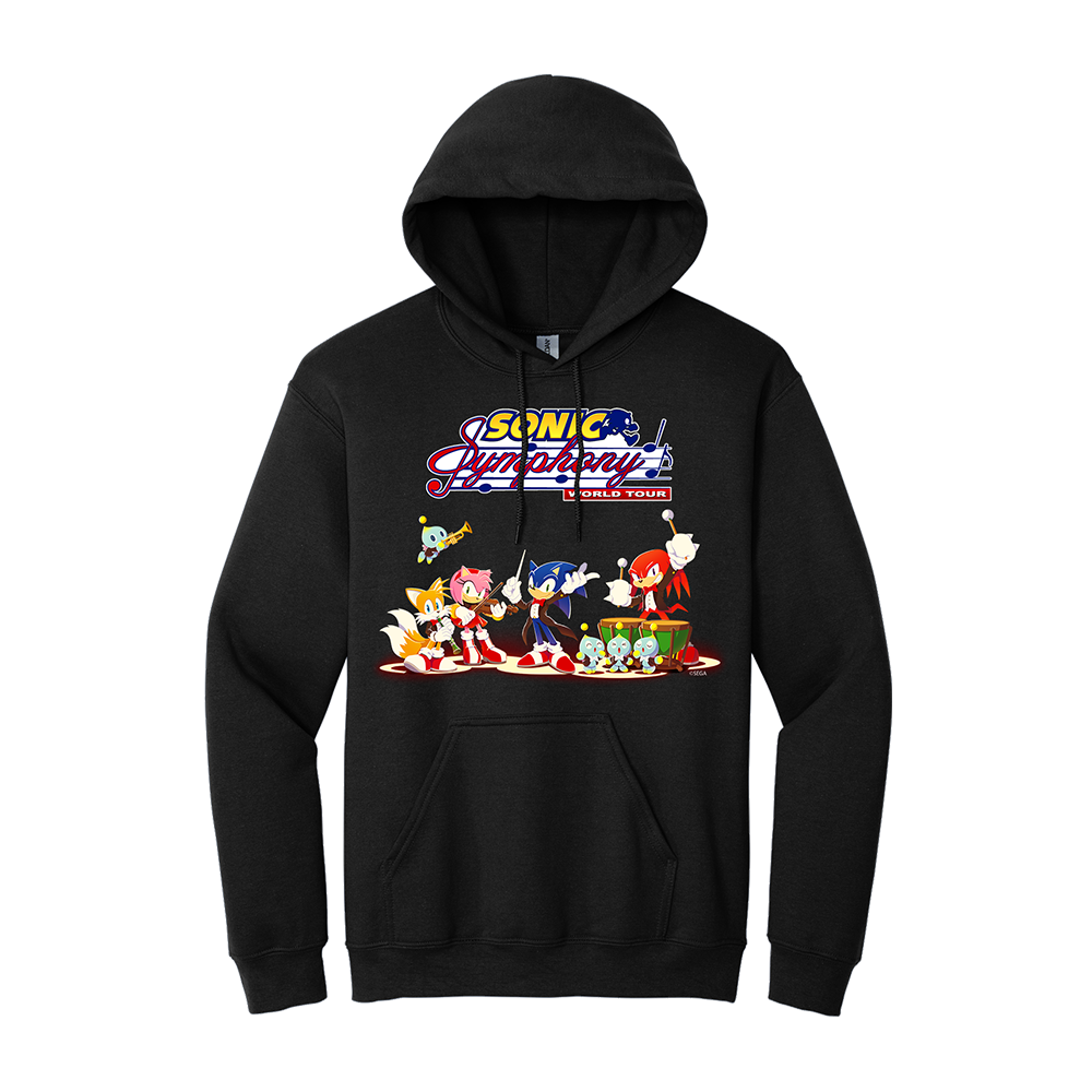 Black hoodie sweatshirt featuring a colorful Sonic Symphony design with cartoon characters.