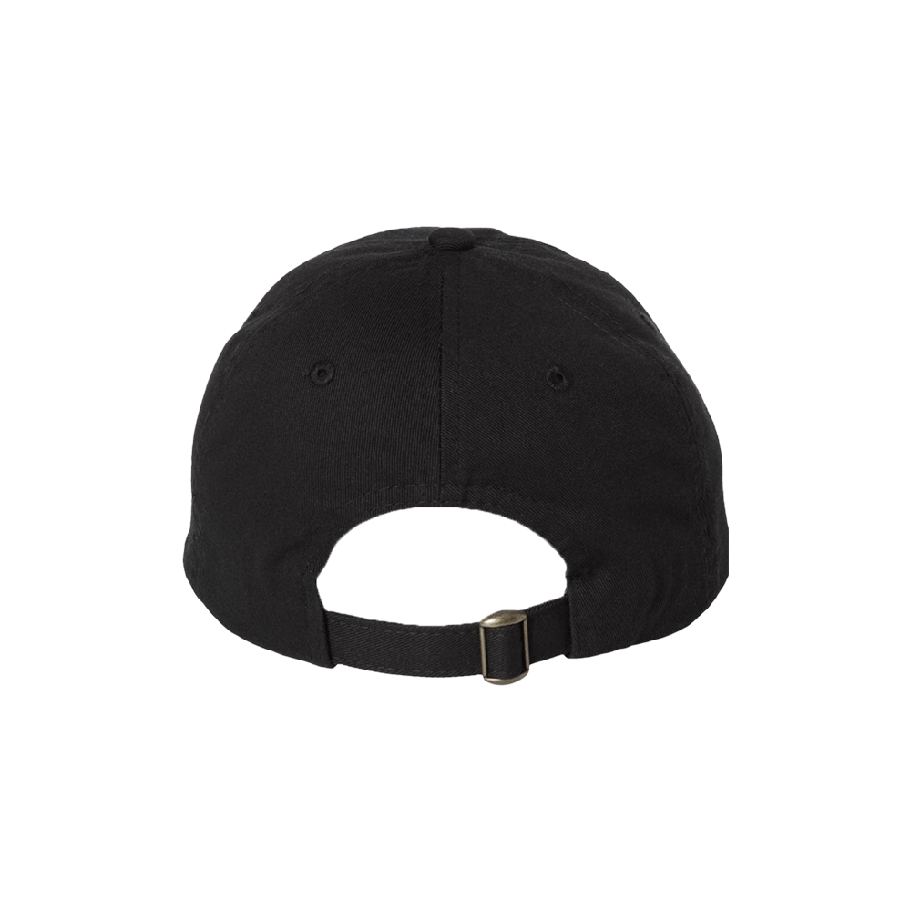 Black baseball cap with an adjustable strap closure at the back.